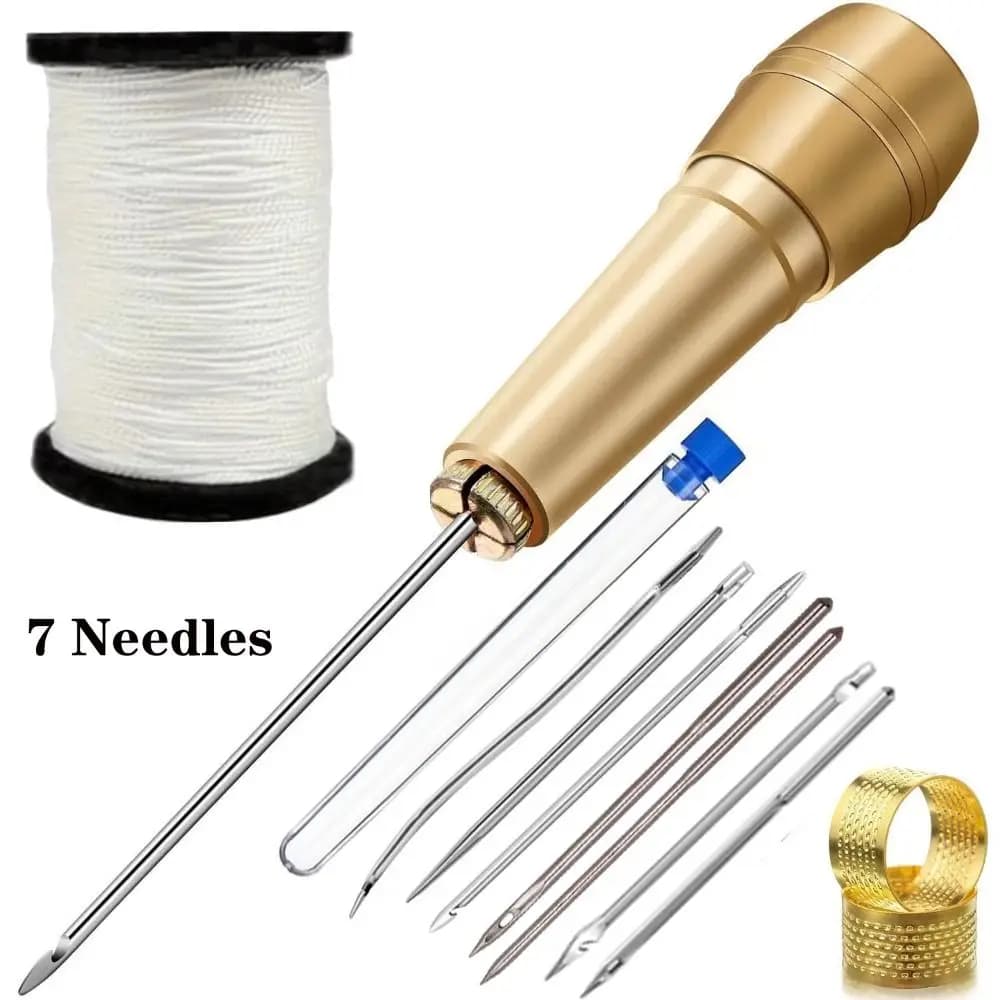Set di puntali da cucito multifunzionali in pelle professionali con manico, punzonatrice, aghi da cucito, filo di nylon, gancio dritto