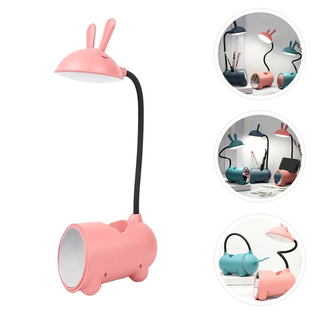 Lampada da Tavolo USB Ricaricabile con Dimmer Touch, Portapenne a Forma di Coniglio, Specchio e Luce da Scrivania Multifunzione per Lettura