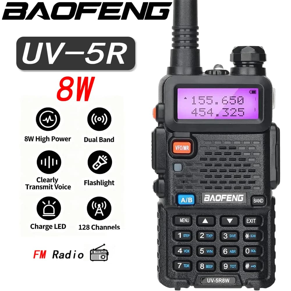 Baofeng UV-5R Walkie-talkie a tre potenza da 8 W | Doppia banda ad alta potenza | 128CH a lungo raggio | Radio bidirezionale portatile per prosciutto