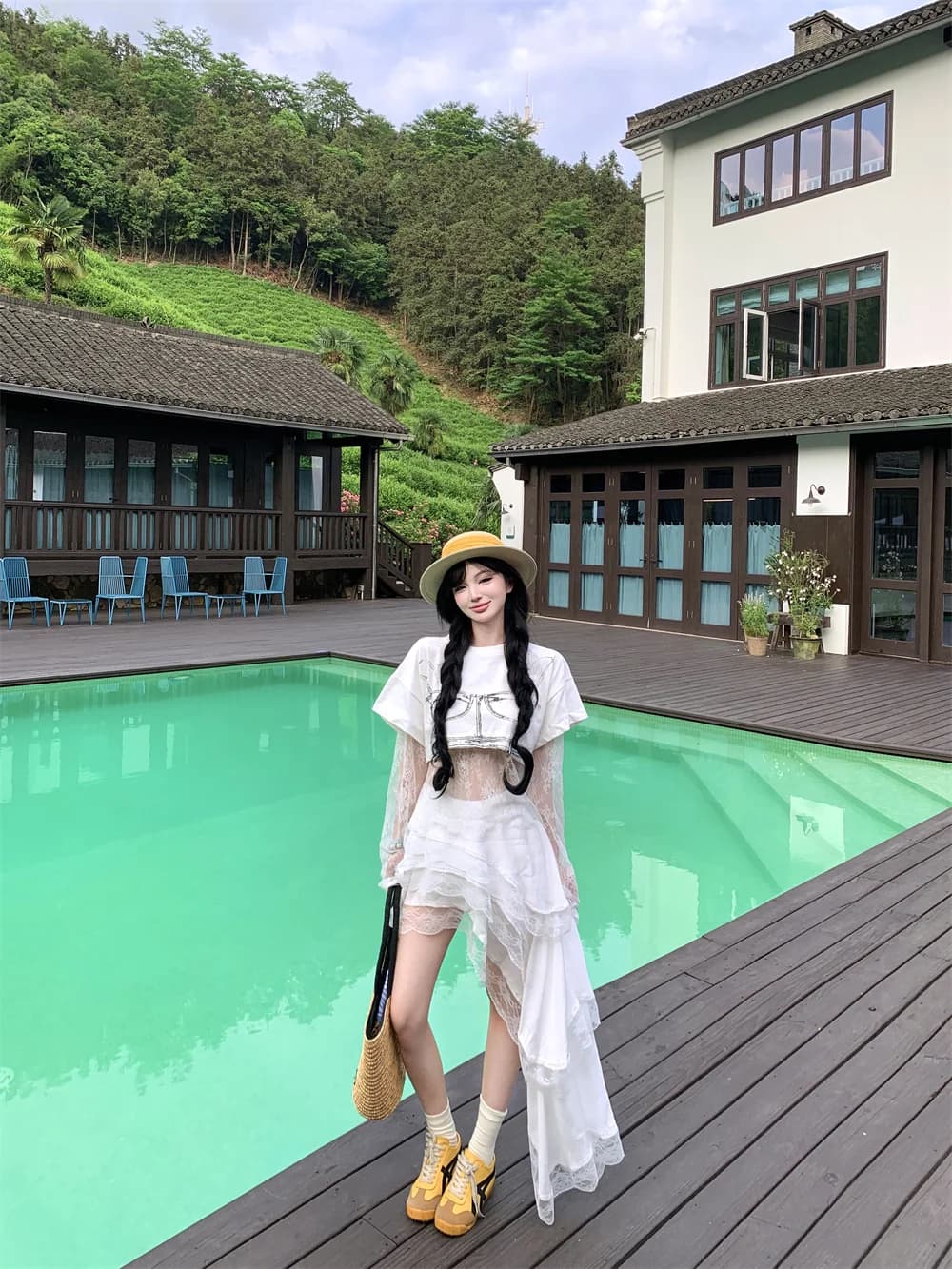 American Style Short T-Shirt Lace Underwear Women's Summer Pure Desire Set Long Tail Skirt Half Skirt Three Piece Set
