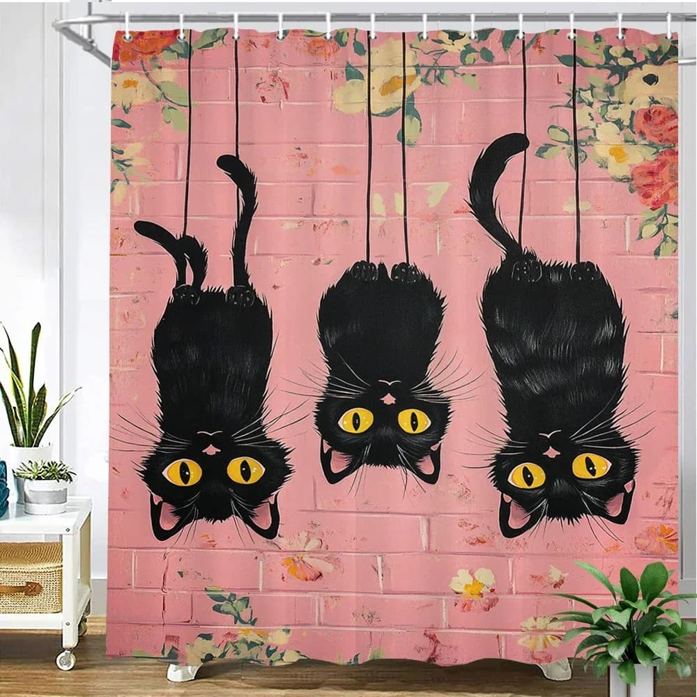 Tenda da doccia in tessuto con stampa di gatti adorabili dei cartoni animati, tenda da bagno, fiori, animali e gatti, decorazione per la casa con ganci