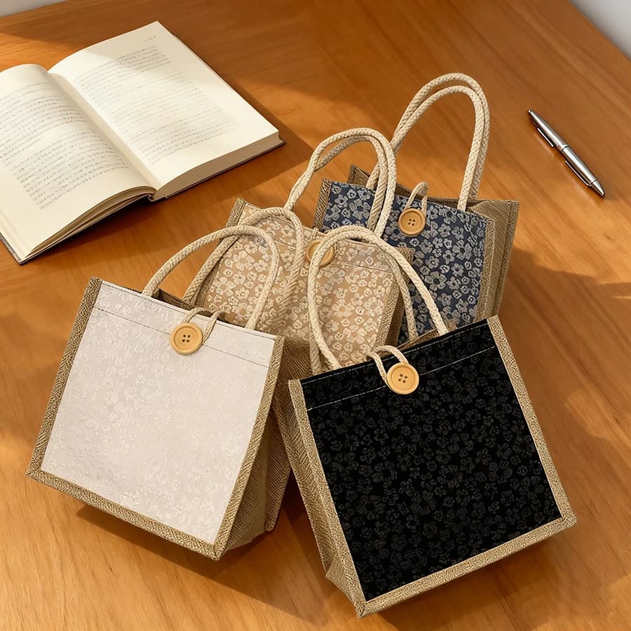 Handbag Linen Button Zipper Handbag Large Capacity Grocery Bag Women Tote Beach Organizer Portabje Shopping Bag Lunch Bag