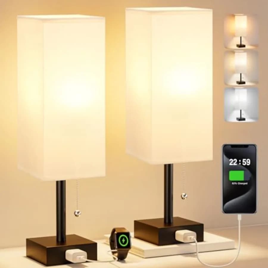 Lampade da Comodino per Camera da Letto Set di 2 - Piccola Lampada Rettangolare da Comodino con Presa AC e Porta di Ricarica, 3 Temperature di Colore, Lampada da Scrivania