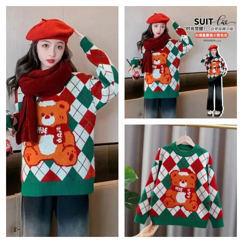 hot Kawaii Girl Fashion Pullover Students Autumn Winter Casual Cartoon Crew Neckline Grid Knit sweater Hot knit sweater Clothing for kids