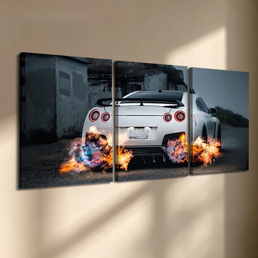 Set di 3 Quadri su Tela con Cornice in Legno, Stampa Paesaggio Notturno con Supercar, Decorazione per Sala Uomo, Soggiorno, Camera da Letto, Garage
