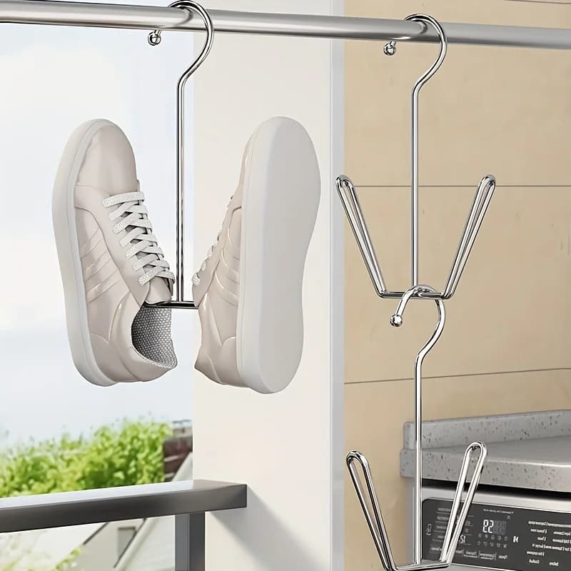 Stainless Steel Shoe Rack Hanger, Metal Hanging Shoe Organizer, Space Saving Drying Rack With Hook For Closet Rod, Silver