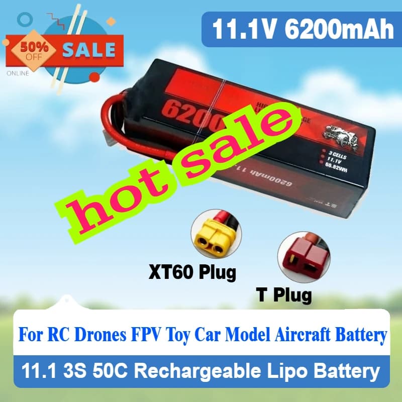 Disponibile Batteria Lipo Ricaricabile 11.1 3S 50C 6200mAh con Connettore per Droni RC, Auto Giocattolo FPV, Modellini di Aerei