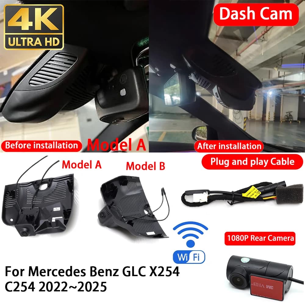for Mercedes Benz GLC X254 C254 2022~2025 4K Dash Cam Front Rear Car Camera DVR Wifi Plug & Play Video Recorder Loop Recording