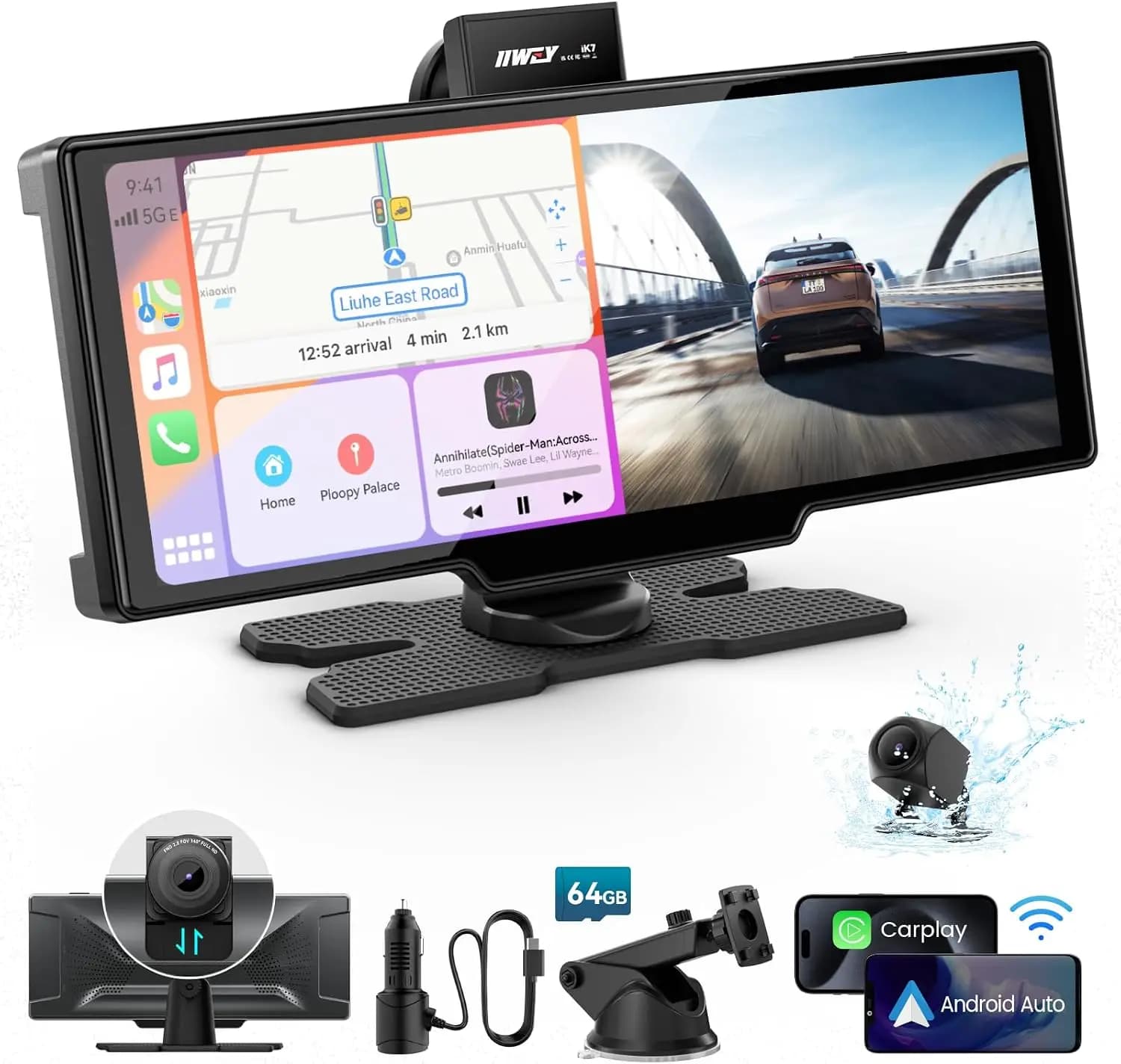 10'' Wireless Apple Carplay & Android Auto Screen with 4K Dash Cam, 1080P Backup Camera, GPS Navigation