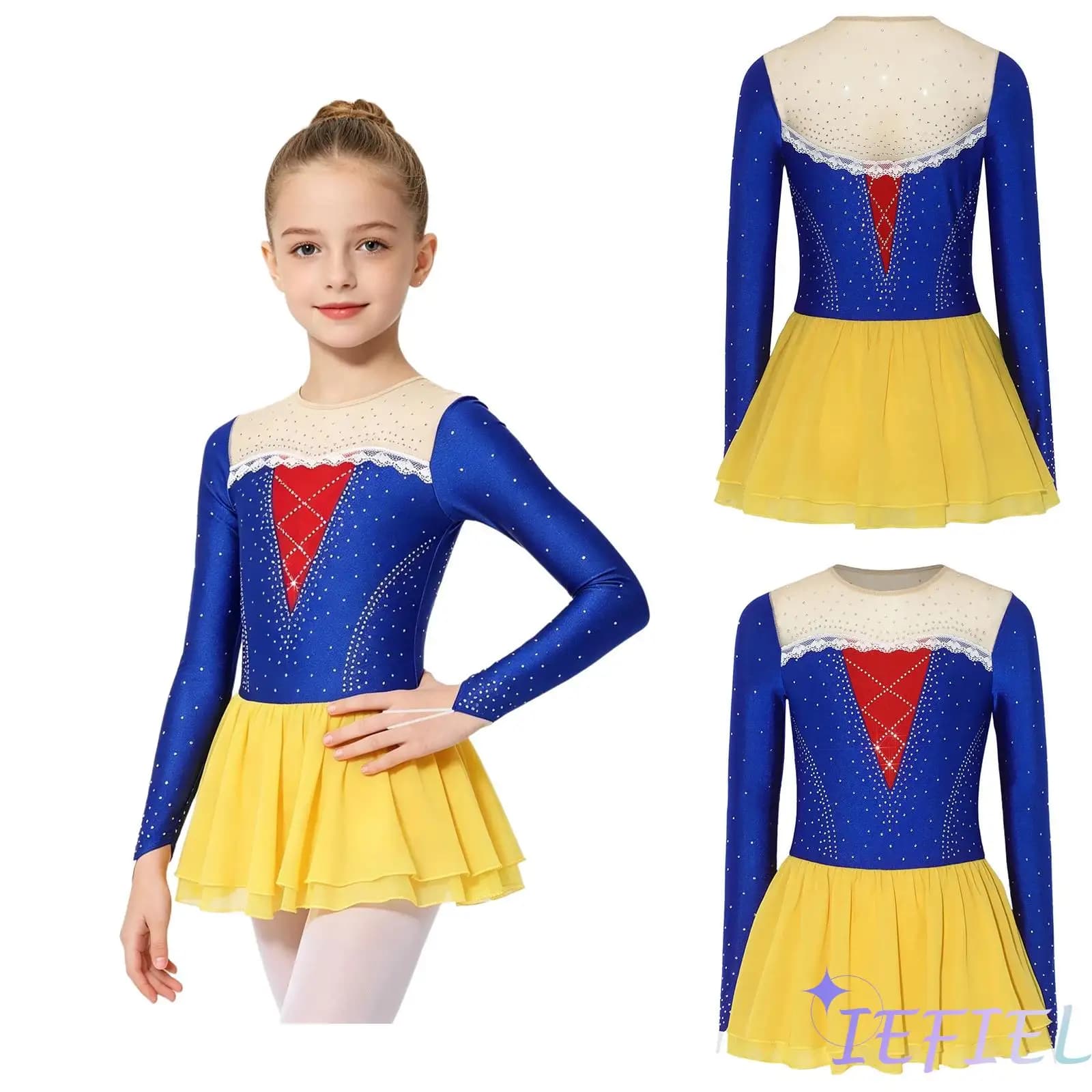 Vestito da ballo per bambine, stile principessa, con inserti in rete, maniche lunghe, strass scintillanti, decorazioni in pizzo e colori a contrasto