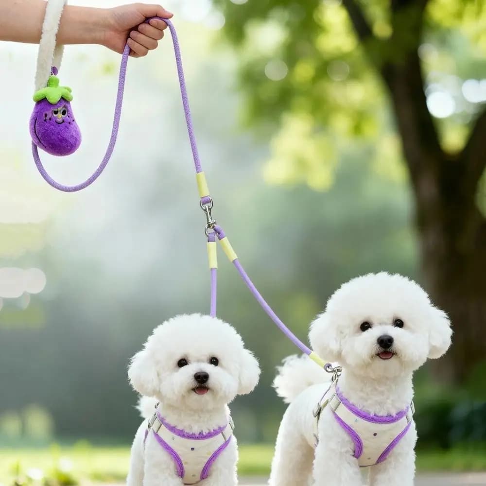 Pettorina per Cani a Doppia Testa con Guinzaglio, Traspirante in Rete, Borsa Portaoggetti a Forma di Melanzana, Imbracatura Morbida Imbottita per Cuccioli