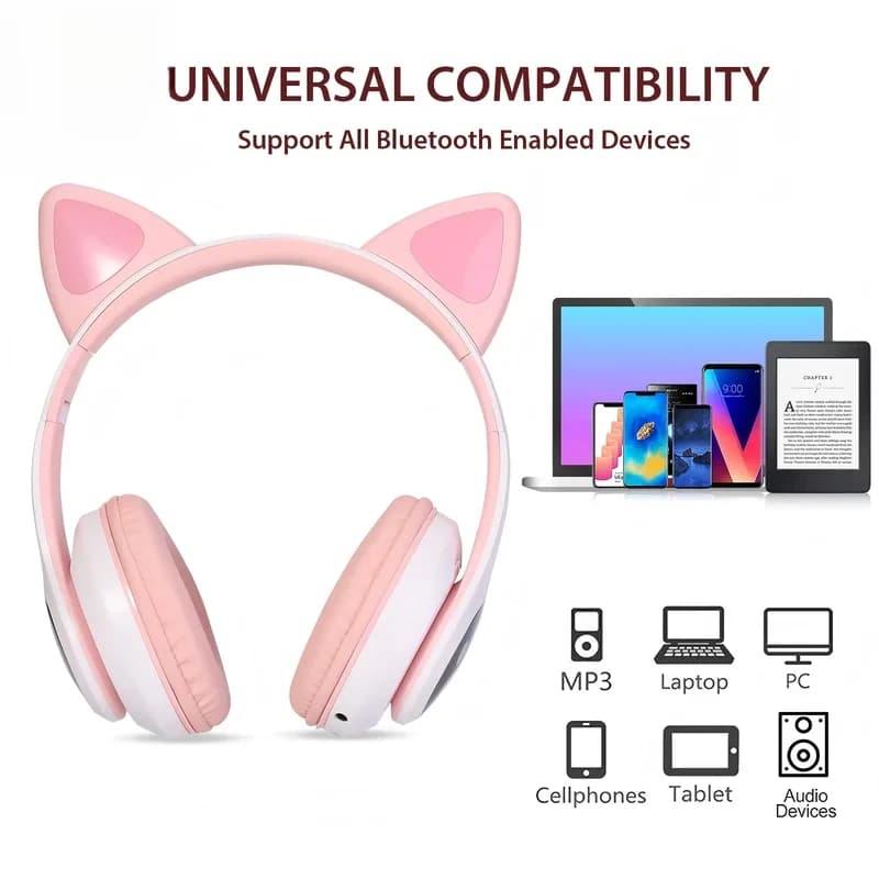 T28 Wireless Bluetooth Headphones, LED Glowing Cat Ear Over‑Ear Headsets, Cute Gaming Headset for Kids & Teens