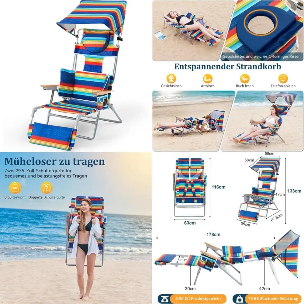 Lettino da spiaggia pieghevole 4 in 1 con baldacchino, sedia abbronzante, fori per il viso e le braccia, cuscino lombare e braccioli reclinabili per Comfortab