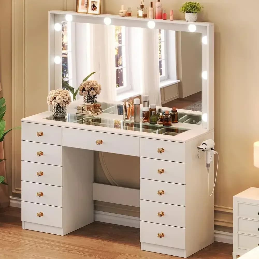 Large Mirrored LED Vanity Desk with Glass Top, Drawers, Power Outlet, and Hair Dryer Holder for Girls and Women (White)
