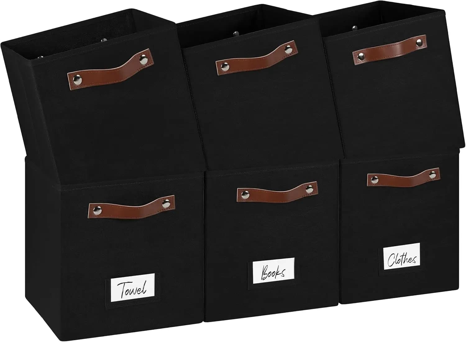 Set di 6 Cubi Contenitori con Maniglie e Portaetichette, Organizzatori per Armadio, Neri 10.5x10.5x11 pollici
