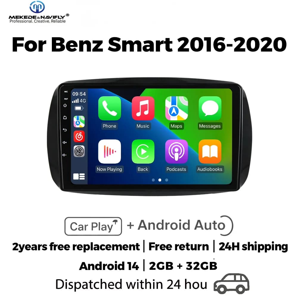 Android 14 Smart Audio System for Mercedes Benz Smart 453 Fortwo 2014-2020 2 Din Carplay Stereo 9 Inch Stereo