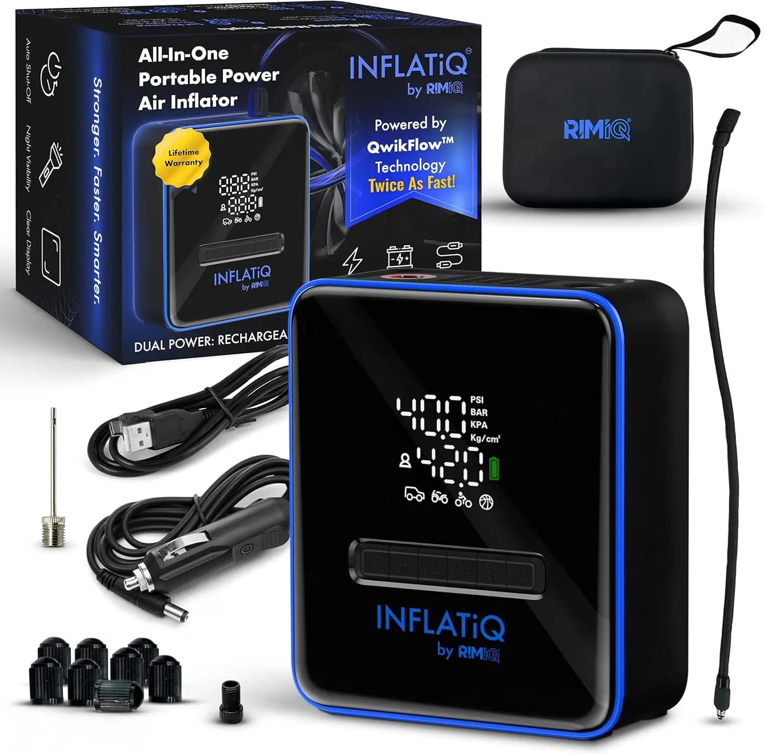 Potente Gonfiatore Portatile per Pneumatici con Tecnologia QWIKFLOW, Doppia Opzione di Alimentazione per Auto, Camion, Moto