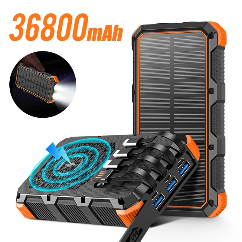 Banca di energia solare 36800mAh con cavo caricatore Wireless Qi 3A ricarica rapida Poverbank portatile per iPhone Samsung Xiaomi Powerbank