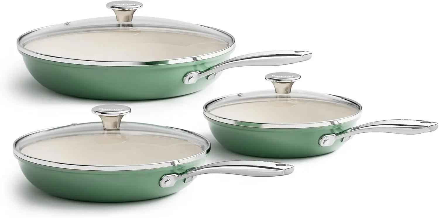Set of 6 Non-stick pans with Glass Covers, Insulating Handles, Dishwasher Washables and Oven Suitable, Compatible with Induction