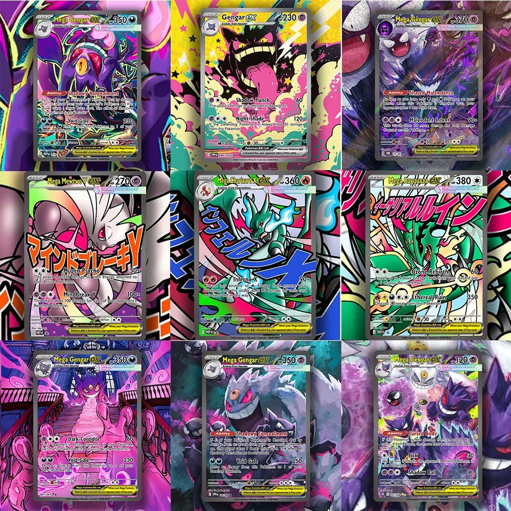 9-PCS PKM Card Mega Attack Rare Series Cards Gengar/Rayquaza/Charizard/Mewtwo Custom Set Anime Collection Card Real life Cards