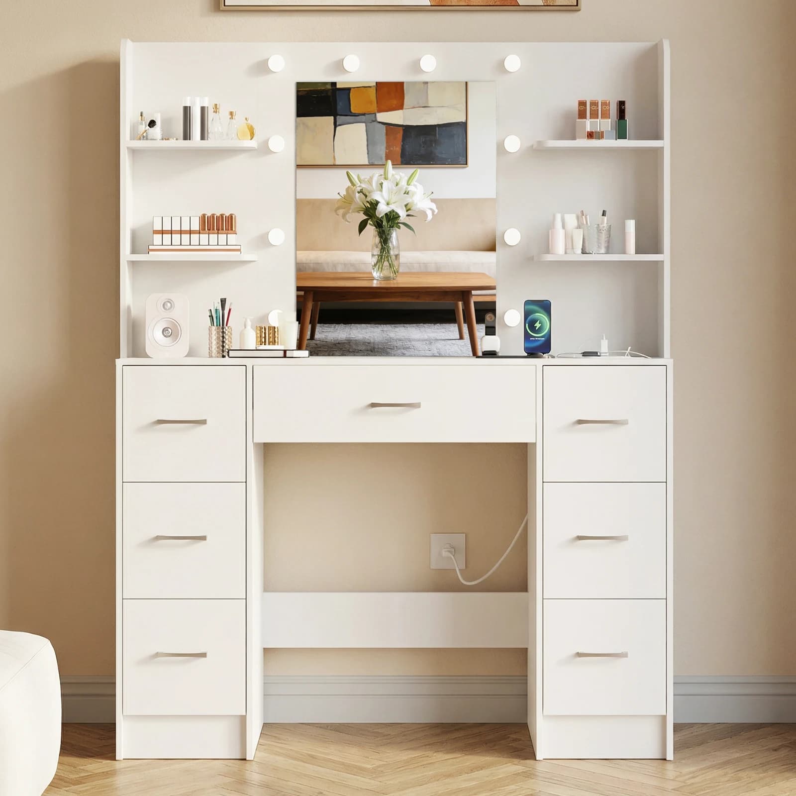 Large White Vanity Desk with LED Lighted Mirror & Power Outlet, Makeup Vanity Table Set with 7 Drawers & 6 Shelves, Modern Makeup Vanity Desk for Bedroom & Bathroom