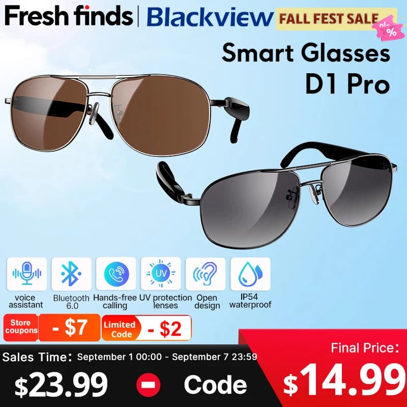 【Anteprima mondiale】Occhiali intelligenti Blackview D1 Pro AI con protezione UV, chiamate Bluetooth, campo sonoro aperto e assistente vocale, certificazione IP54