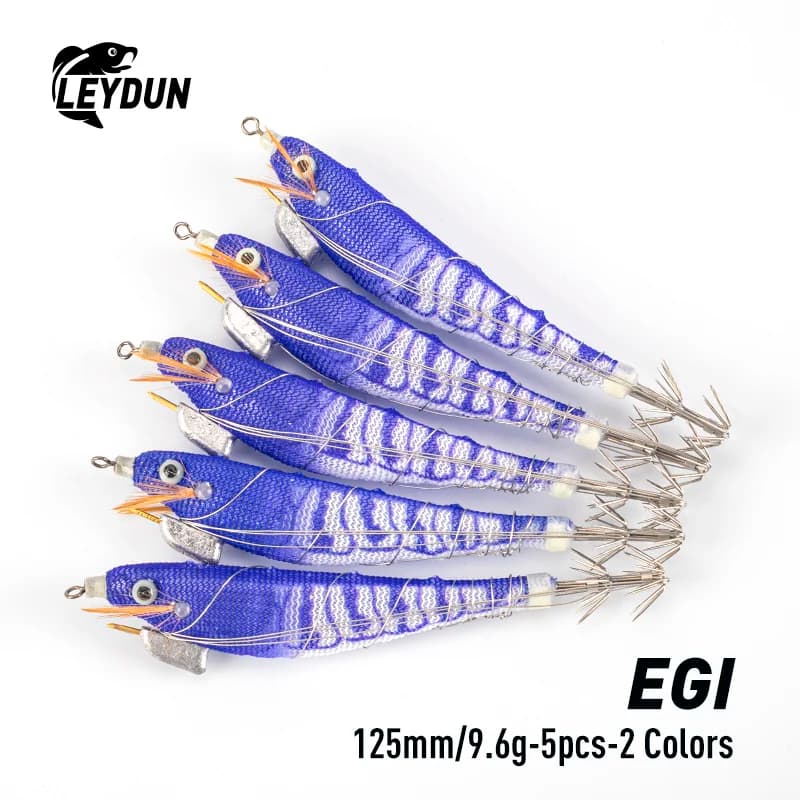 LEYDUN Luminoso Calamari Jig Legno Gamberetti Egi Viola Seppie di Mare Profonda Hanchi Egi 5 pz/set Esche Da Pesca Esche Per Acqua Salata