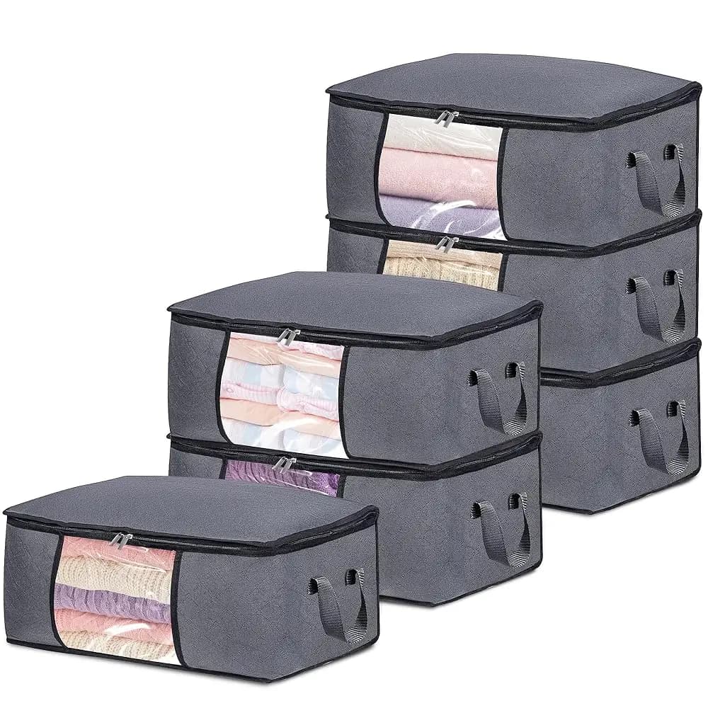 Set di 6 Sacche Portaoggetti con Cerniera, Contenitori Pieghevoli per Coperte con Finestra Trasparente e Maniglie Rinforzate per Armadio, Dormitorio