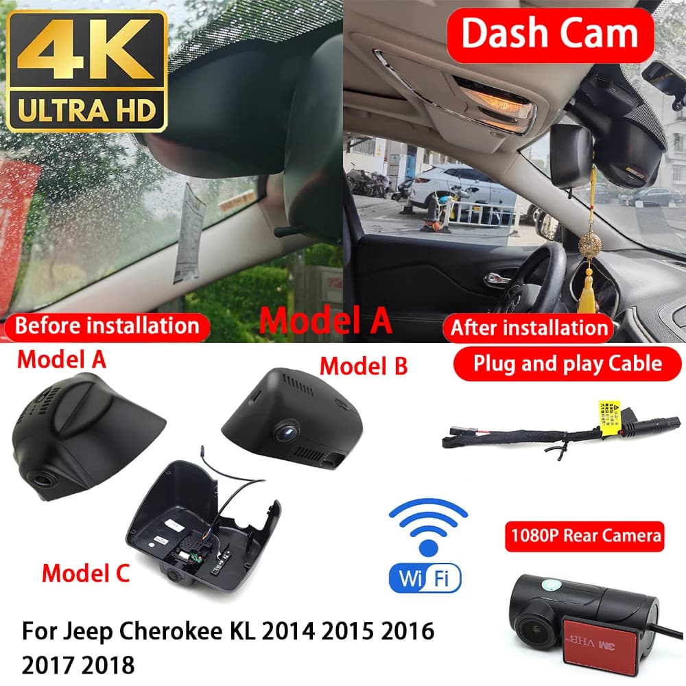 for Jeep Cherokee KL 2014 2015 2016 2017 2018 4K Dash Cam Front Rear Car Camera Wifi Plug & Play Video Recorder Loop Recording