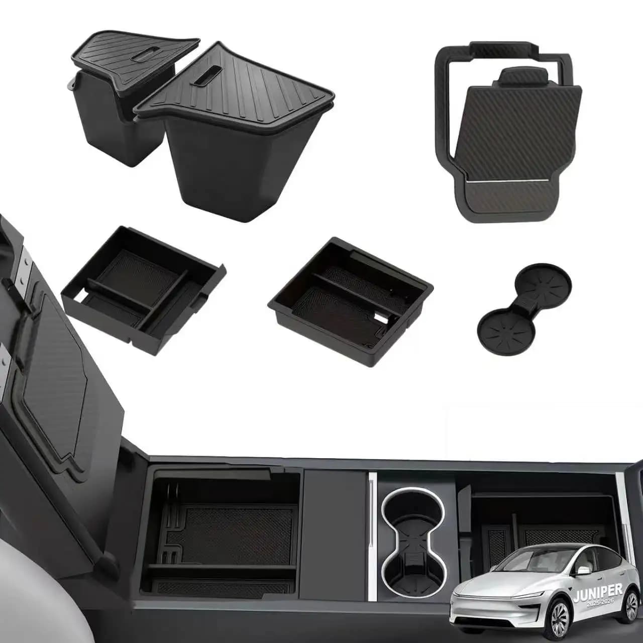 All-in-One Center Console & Trunk Storage Set for 2025-2026 Tesla Model YJuniper, Custom-Molded OEM Fit, Wipes Clean in Seconds,