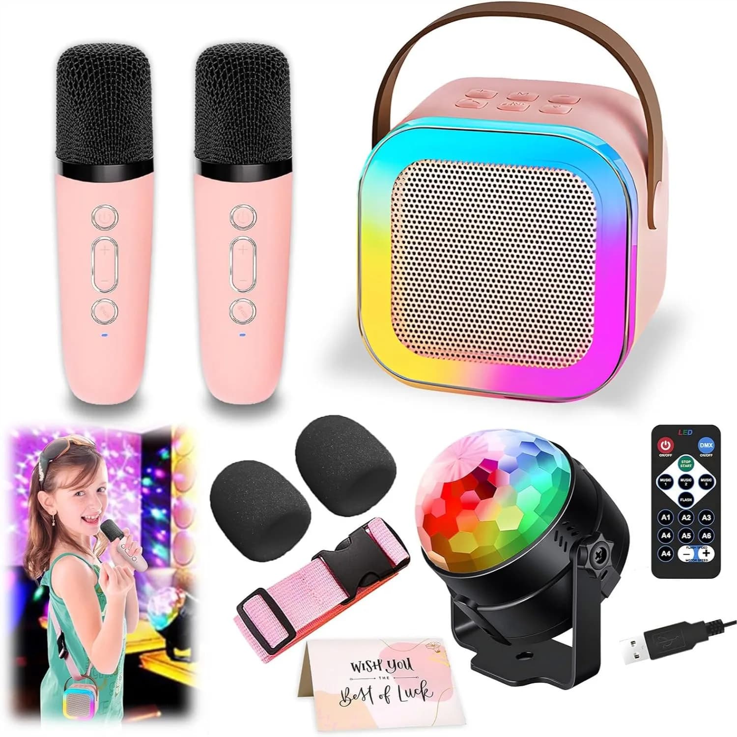 Macchina per Karaoke Portatile con Altoparlante Bluetooth, 2 Microfoni Wireless, Luce Disco Ball per Feste Danzanti in Casa per Bambini