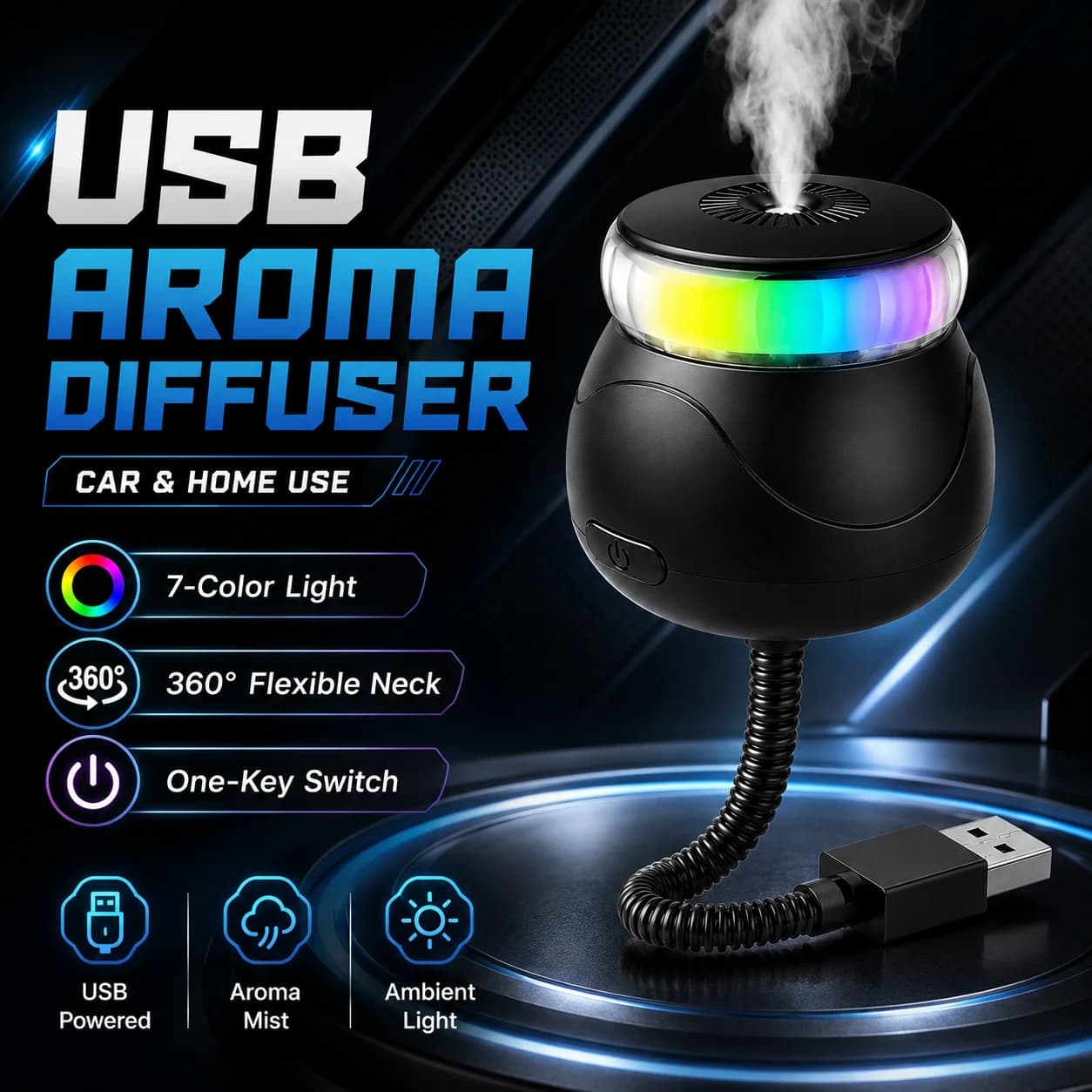 USB Car Air Freshener Aroma Diffuser 7 Color LED Light 360 Flexible Neck for Car Home One Button Control