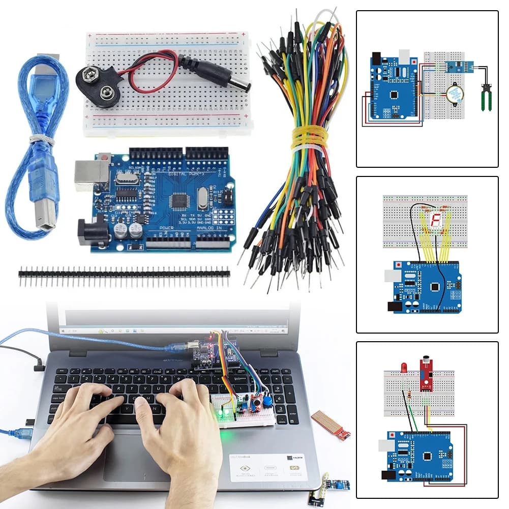 Kit di programmazione educativa con breadboard, alimentatore, resistori, LED, sensori, kit base di elettronica per Arduino UNO R3