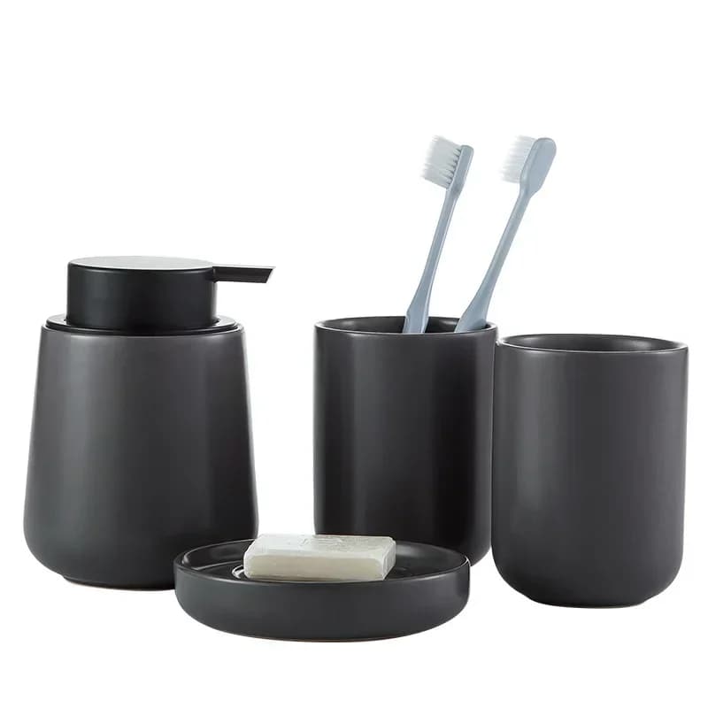 Bottiglia per lozione da bagno in ceramica grigio scuro/portaspazzolino/tazza per collutorio/portasapone/Set da toilette