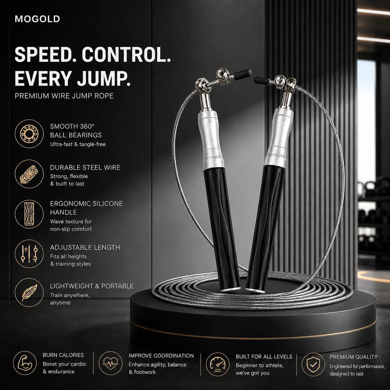 MOGOLD Speed Control Pro – Premium Wire Jump Rope with Precision Bearings for Ultra-Fast, Tangle-Free Workouts