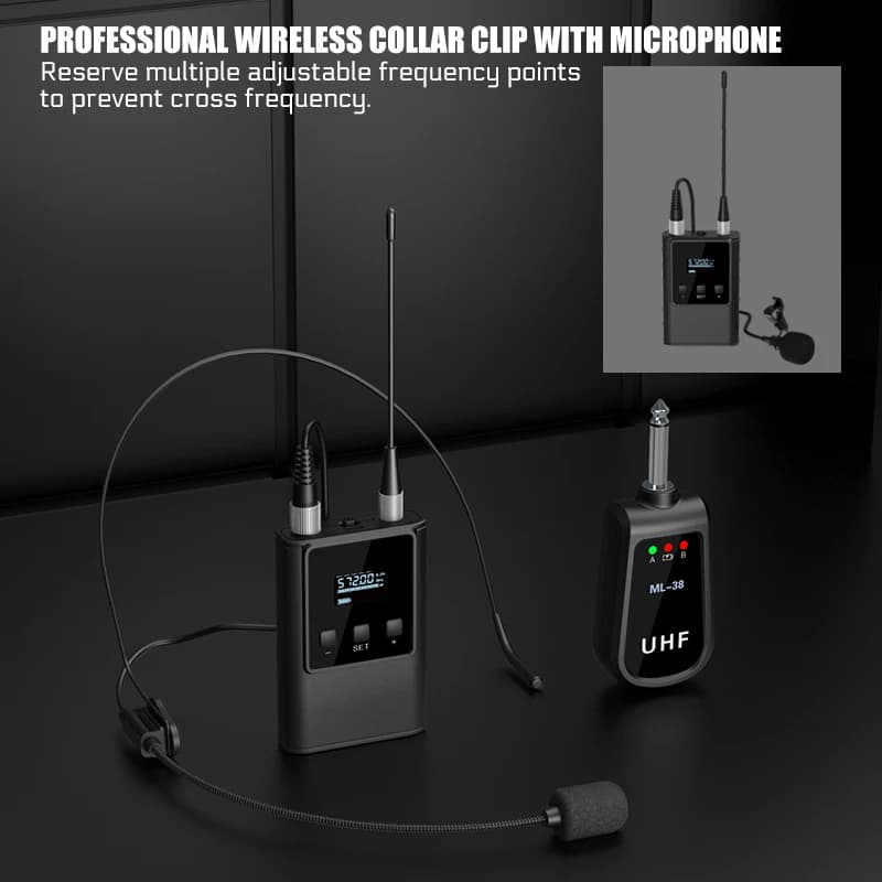 LK-99 Sistema microfonico wireless Microfono per cuffie/Microfono stand up/Microfono lavalier con trasmettitore e ricevitore per bodybag UHF ricaricabili