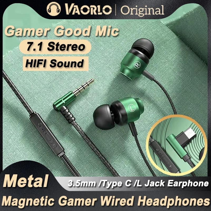 L Jack Magnetic Gaming Headphones, green metal, HiFi, powerful bass, 3.5 mm stereo / TYPE-C (digital version), with microphone, for mobile phones and computers