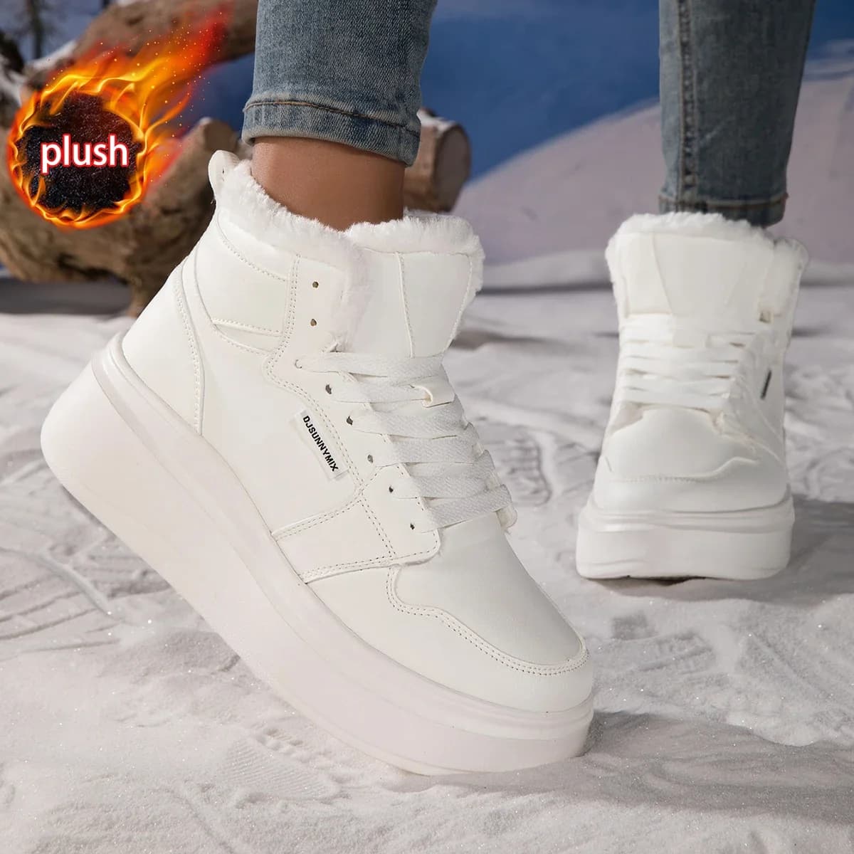 DJSUNNYMIX Sneakers Women Winter Warm Long Plush Thick Bottom Snow Boots Woman's Non Slip Hiking Shoes