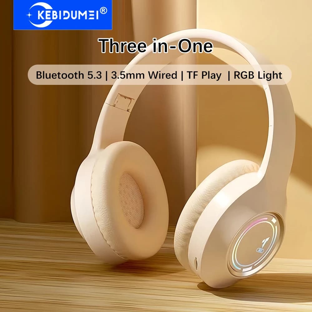 KEBIDUMEI Cuffie 3-in-1 cablate/TF/Bluetooth 5.3 Cuffie da gioco RGB Cuffie stereo HiFi con riduzione del rumore Auricolari wireless pieghevoli