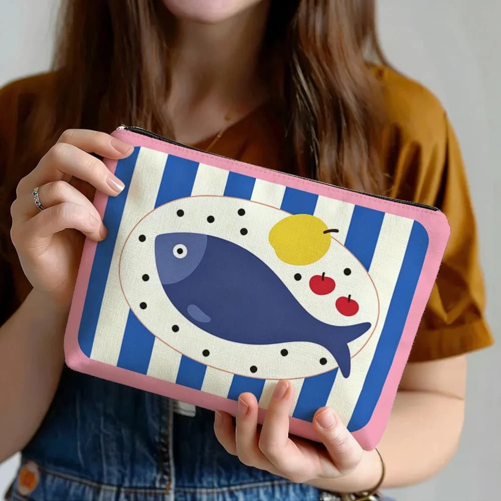 Striped Blue Small Fish Print Cosmetic Bag Fashionable Multifunctional Portable Toiletry Bag Makeup Organizer Reusable for Women