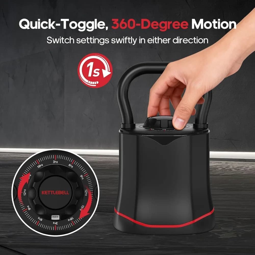 Kettlebell Regolabile 6 in 1 con Cambio Rapido del Peso 6.5-40 LBS, Rotazione Bidirezionale, Salvaspazio per Palestra Domestica