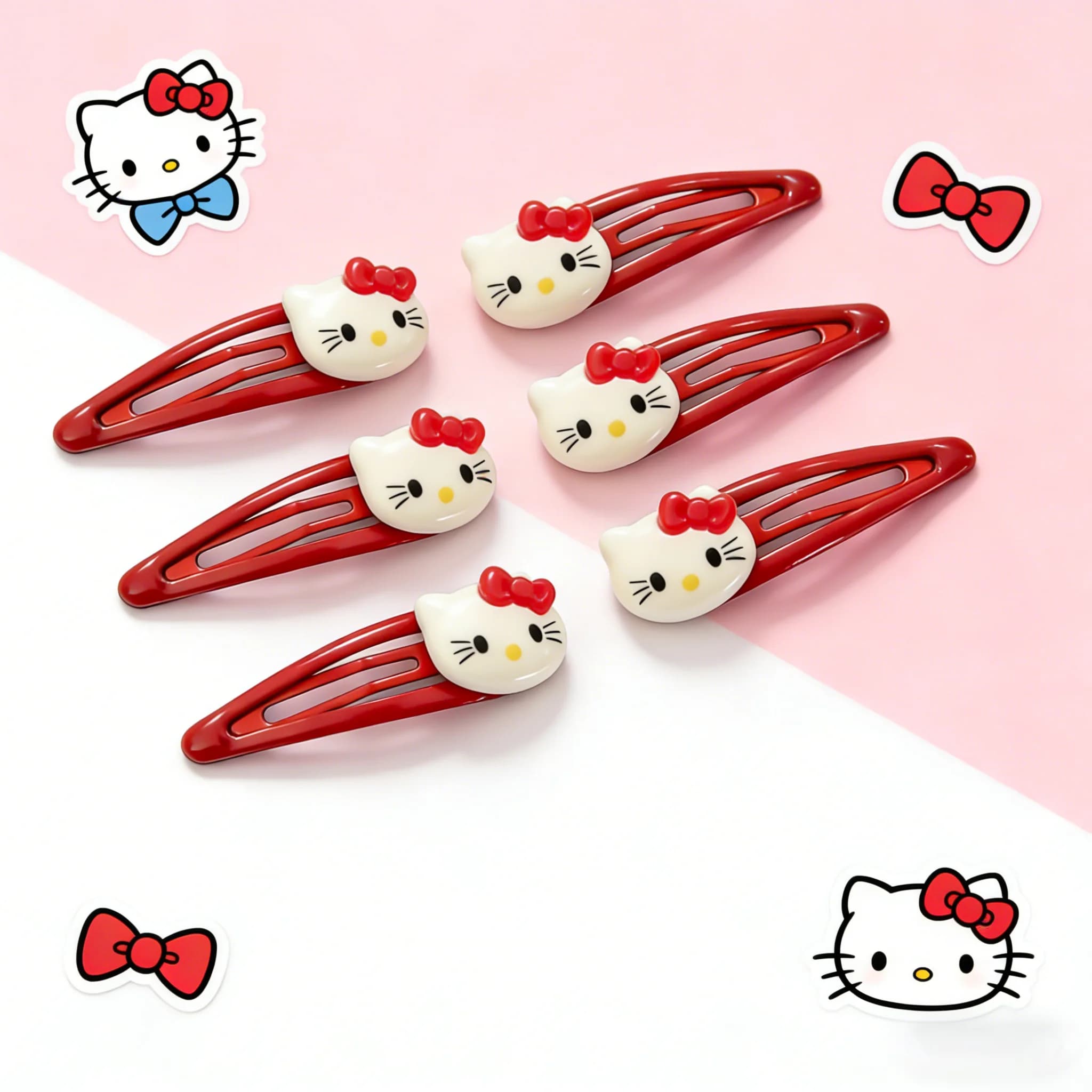 6 Pieces of Hello Kitty Cartoon Hair Clips from the Sanrio Series, Cute and Trendy Cartoon Hair Accessories