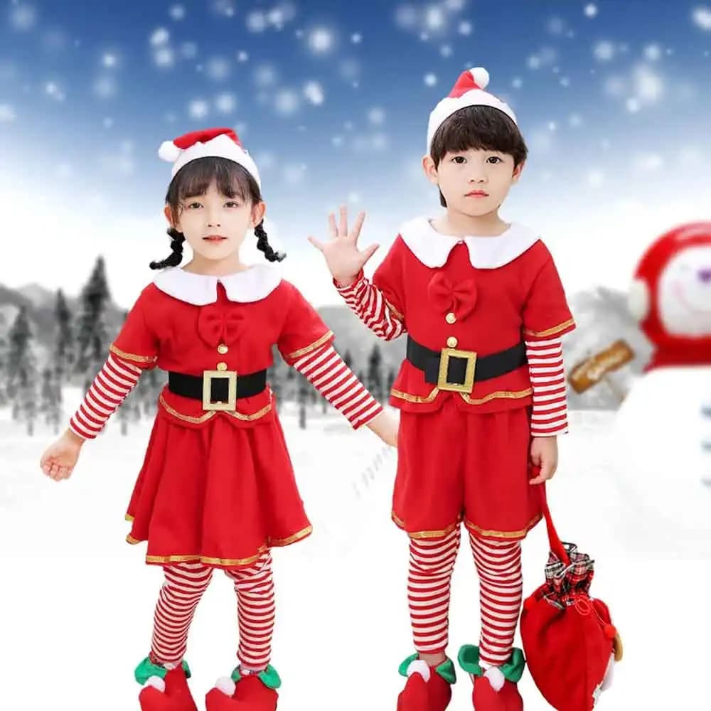 Set da elfo natalizio per bambini - Costume da festa per il giorno di Natale per bambini Pigiama natalizio color oro rosso Regalo di Natale