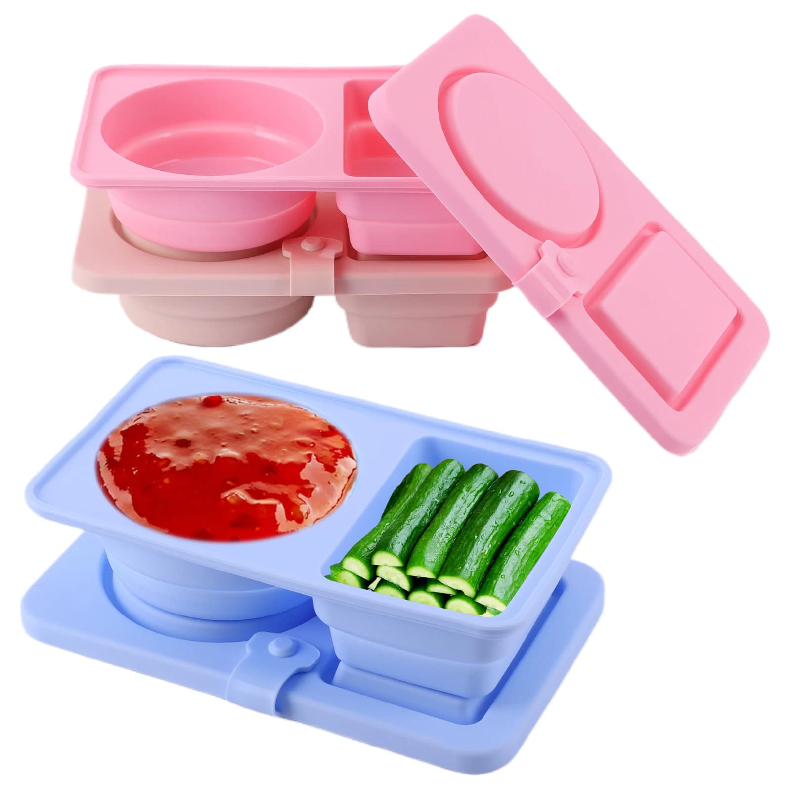 Set di 3 Contenitori in Silicone a 2 Scomparti con Coperchio, Contenitori per Alimenti, Contenitori per Salse e Condimenti per Scuola e Lavoro