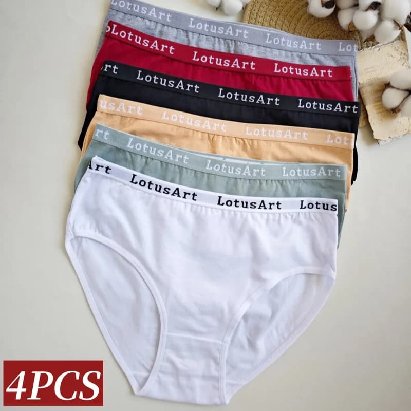 Set di 4 Mutandine in Cotone da Donna, Taglie Forti, Vita Alta, Tinta Unita, Traspiranti, Lingerie Sexy M-XXL