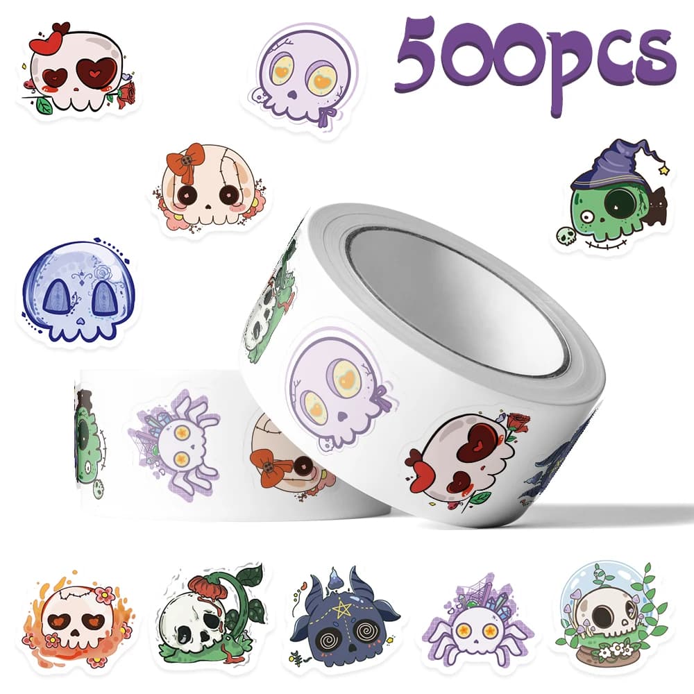 500 pezzi di cartone animato Halloween Groovy Skull Roll adesivi decalcomanie per laptop notebook skateboard valigia chitarra adesivi estetici fai da te