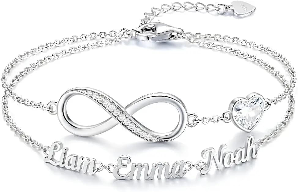 Braccialetti Personalizzati con Nome, Bracciale Infinito con Cuore e Pietra Portafortuna in Argento Sterling 925 per la Festa della Mamma