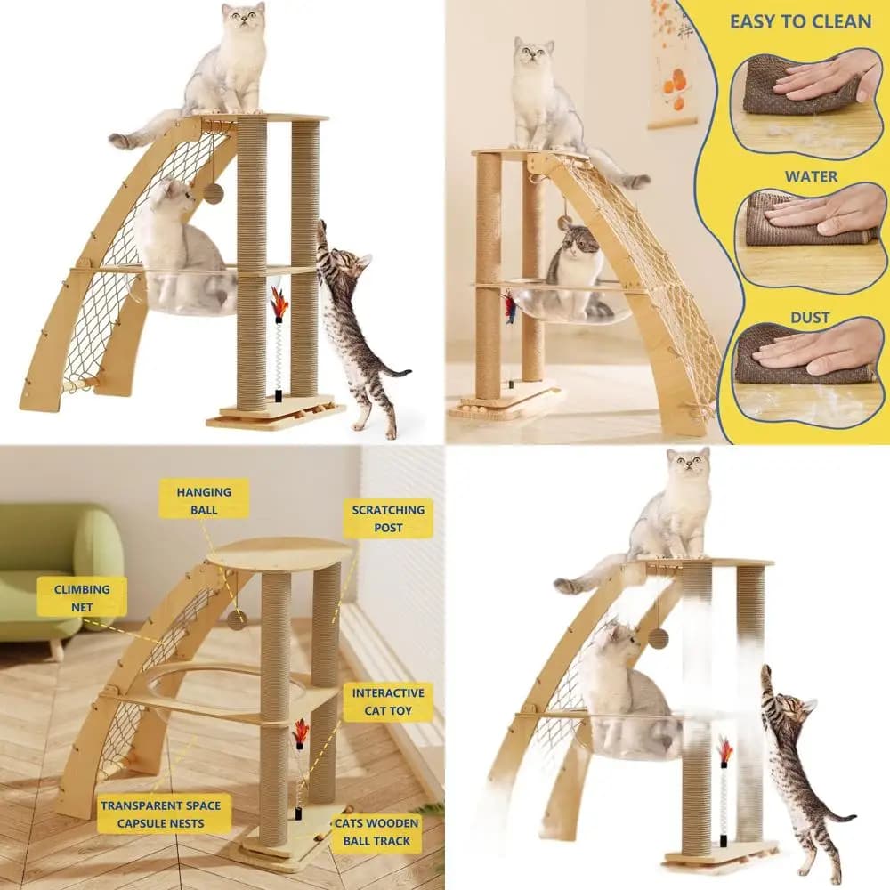 Torre per albero per gatti da interni con tiragraffi, amaca, rete da arrampicata e palline rotanti