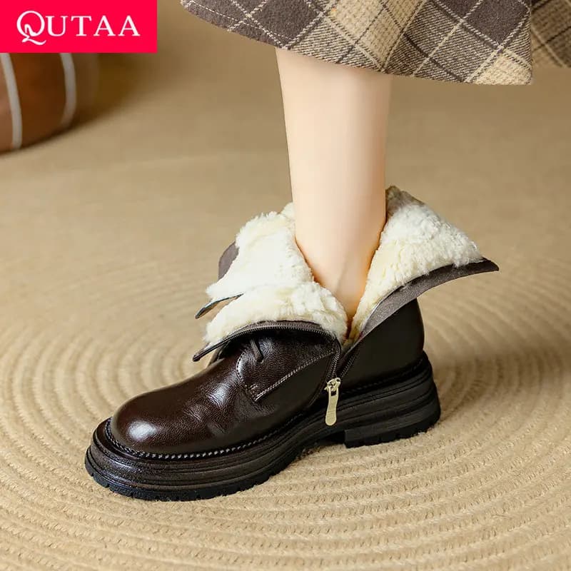 QUTAA 2026 Notizie Moda Lana Calde Stivali da neve da donna Caviglia Stivali invernali con tacco alto Scarpe in pelle di mucca Punta tonda Stivale corto 34-40