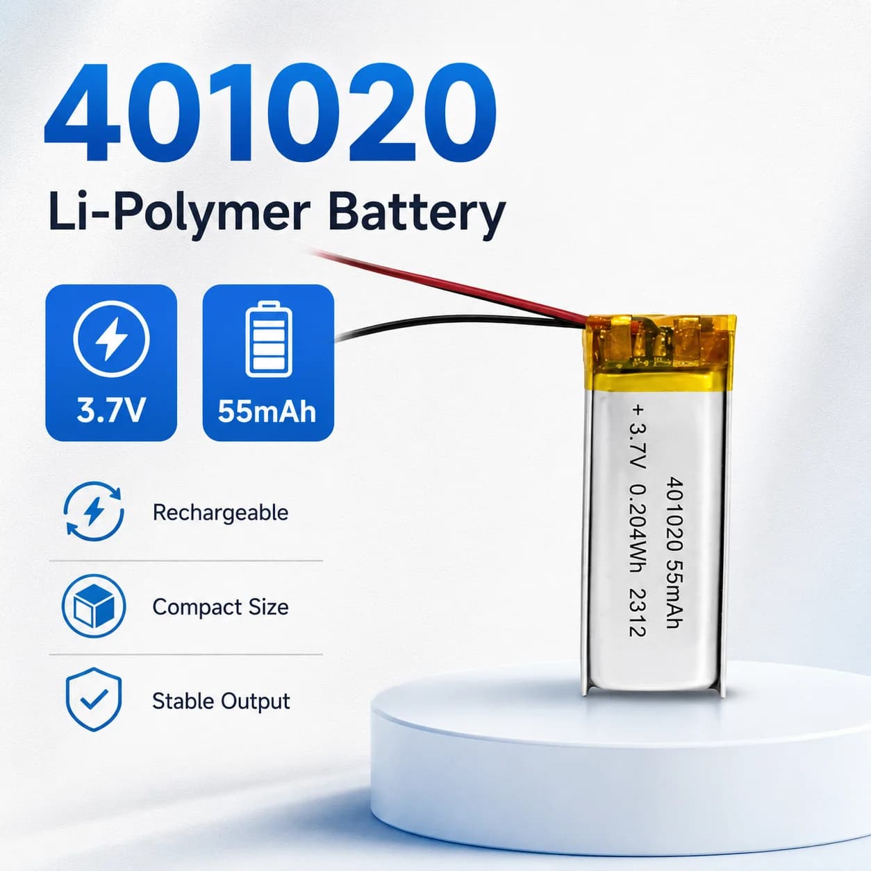 Batteria Ricaricabile ai Polimeri di Litio 401020 3.7V 55mAh per Auricolari Bluetooth, Smartwatch, GPS, MP3, Mini Altoparlanti